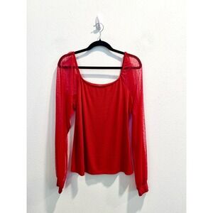 Dorose Red Long Sleeve Top Women's XL Sheer Swiss Dot Valentine Romantic Date